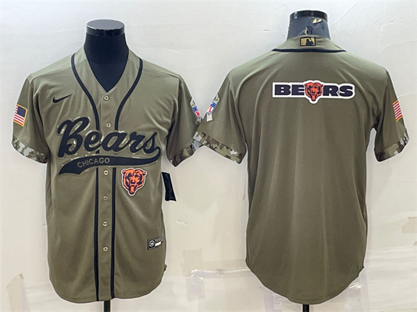 Men's Chicago Bears Olive 2022 Salute To Service Team Big Logo Cool Base Stitched Baseball Jersey